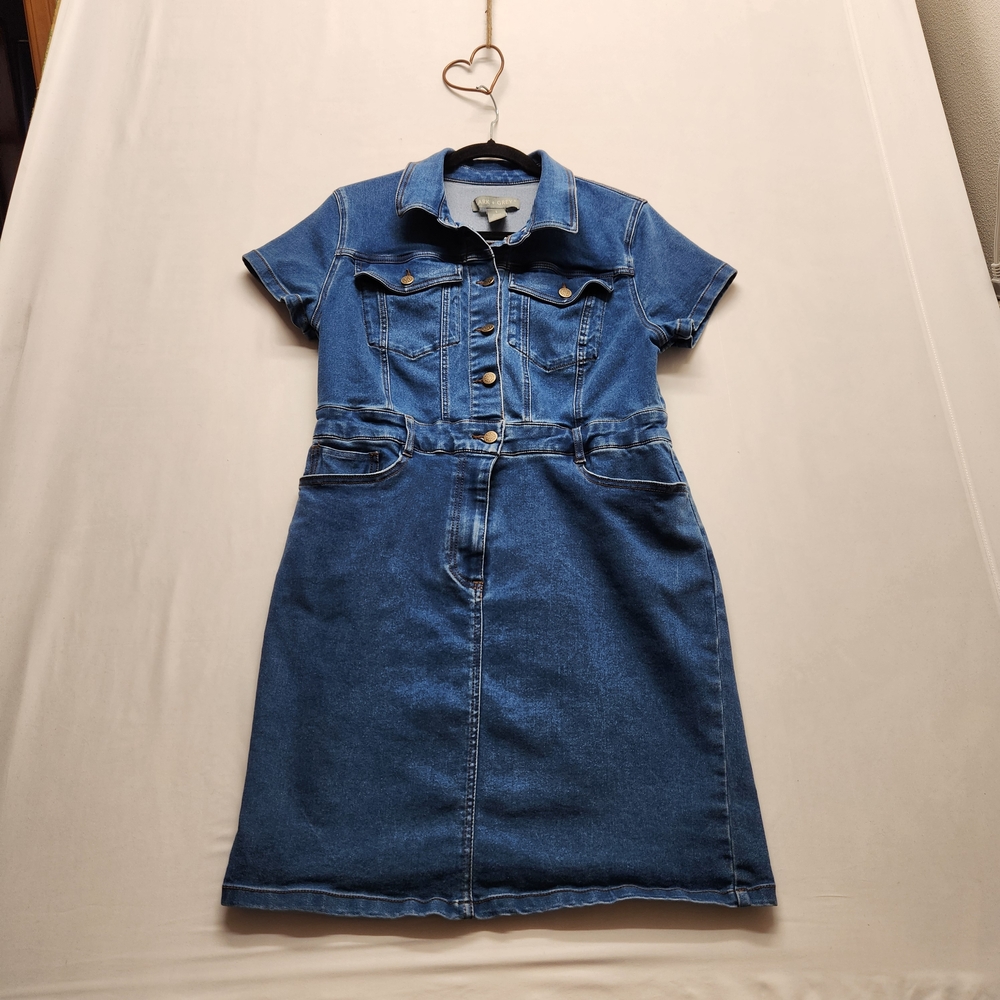 ⭐ Lark + Grey Button-Front Denim Mini Dress – Size L | Trucker Style | Western